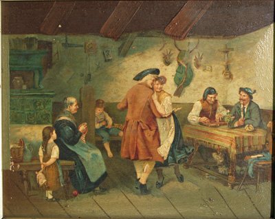 Pair 19th c. oil on prints on canvas - 2