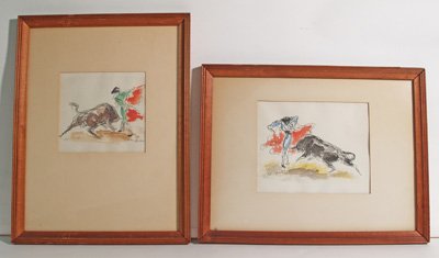 Pair mixed media Bull Fights signed John Groth: Framed. Approx. 7" x 8.25"
