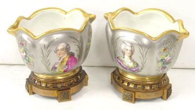 Pair 19th c. Sevres bronze footed cache pots