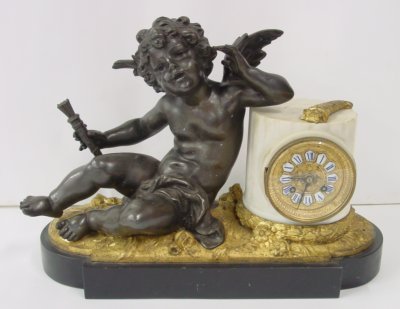 19th c bronze & marble spelter clock signed Moreau