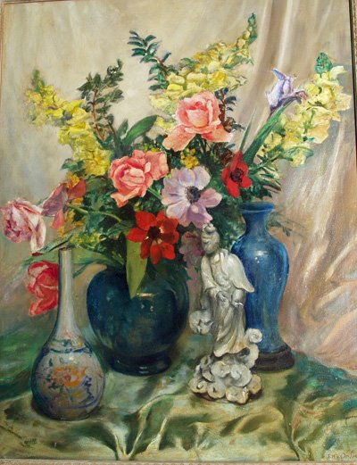 Oil painting on canvas signed J.W. Orth: Still life flowers. TItled: A Bunch of Beauties. Canvas laid over canvas, not relined. Signed bottom right. American Artist John William Orth 1889-1976. Approx. 35.5" x 27"