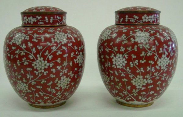 Pair covered cloisonne ginger jars: Red & white. Approx. 7.5" H