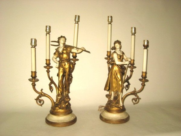 Pair white metal figural lamps signed Moreau: Approx. 24" H
