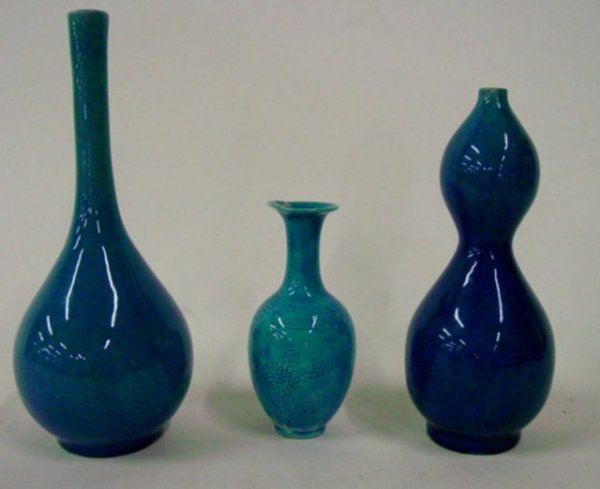 3 turquoise Vietnamese vases: Approx. 8.75", 7.25" & 5" H