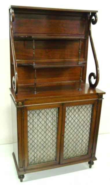 Regency style mahogany credenza: With three tiers, top gallery. Approx. 68" H x 36" W x 16" D