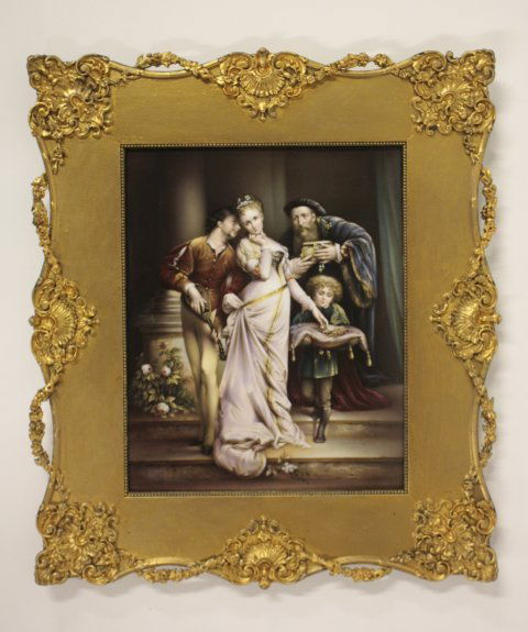 19th c. gilt framed KPM plaque ca. 1890: "The Temptation". After the original painting by K. Kobler entitled "For Love of Money". Approx. 13" x 10.5" W, Frame Approx. 19.5" x 16.5"