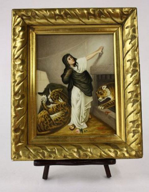 Framed KPM plaque "Daniel in Lion's Den": Approx. 10" H x 7" W