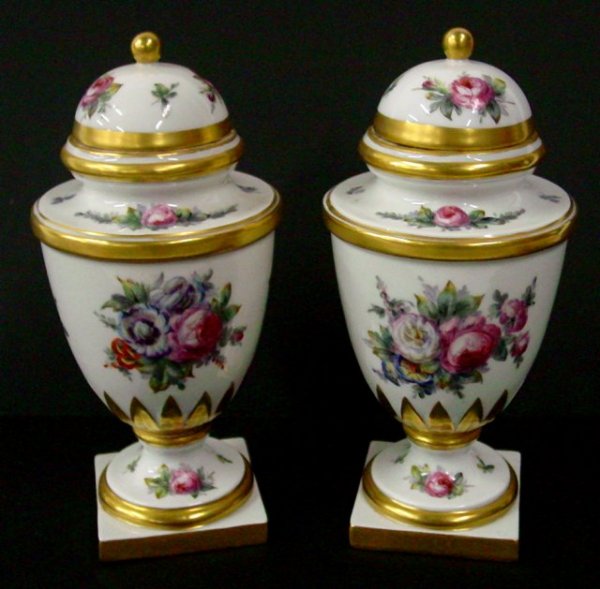 Pair of Jacques Petit covered urns: Approx. 9" H
