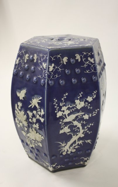 19th c. Chinese garden seat: Blue & white with birds & tree design. No damage or restoration. Manufacturing air bubble that burst. Approx. 19" H x 12" W