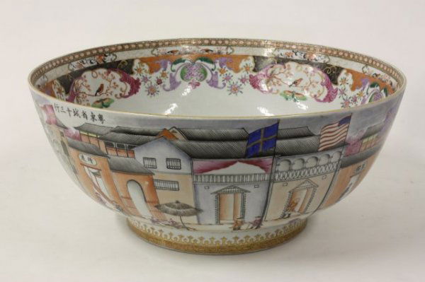 Chinese export bowl made in 1840's: With Canton Trading Scenes. Ca. 1970's. Bottom rim has chip & old repair. Approx. 7.75" H x 18.25" Diam. From a collector in PA.