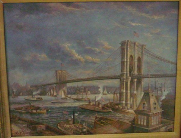 Gilt framed oil painting on board: "Brooklyn Bridge". Approx. 16" x 20"