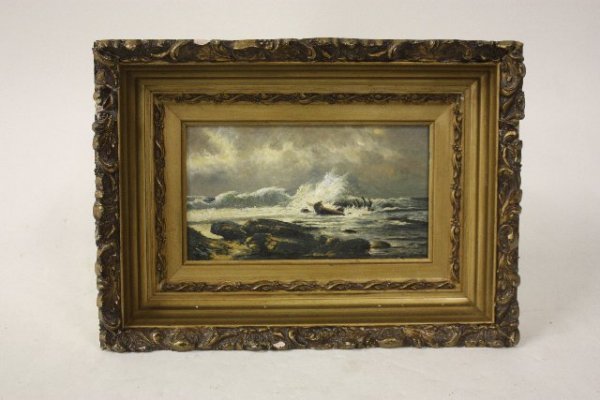 Oil painitng on board signed MFH de Haas: "Seascape". Approx. 12" W x 7" H