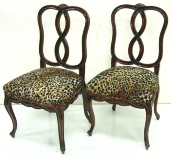 6 dining room pretzel back chairs: Leopard upholstered. ca. 1950's.