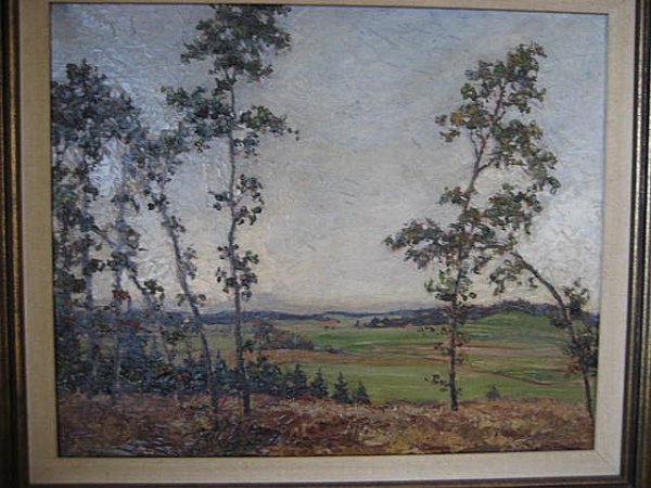 Oil painting signed Otto Scheinhamer 1921: Gilt framed, on canvas "Landscape". Approx. 22' W x 18" H. From the Palmetto Estate of Dorothy Martin.