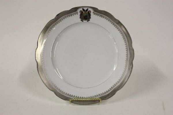 Russian Imperial porcelain plate by Kuznetsov: 19th c., Silver rimmed. Duke Coat of Arms. Approx. 9 7/8" Diam.