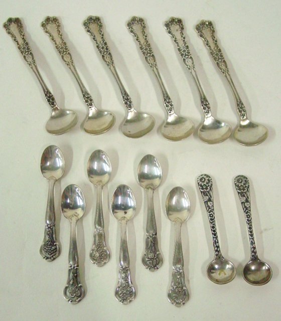 Lot of sterling silver salt spoons: 2 Kirk & Sons, 6 with floral pattern & 6 miniature souvenir state spoons.