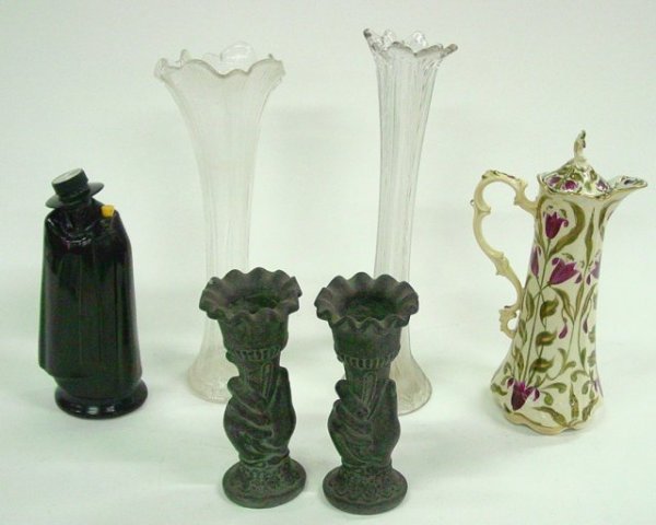Group lot of 5 assorted smalls: Includes: Pair clear glass flower vases, Art Nouveau porcelain pitcher "Charles Werner", pair of handpainted flower vases & Royal Doulton figural decanter.