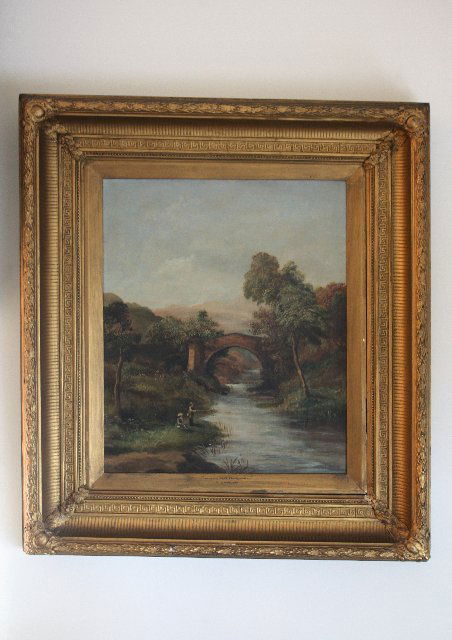 Oil painting signed T. Lawley: Gilt framed, on canvas "Haddon Hall, Derbyshire" with children fishing by bridge. Approx. 23.25" x 19". From the Estate of Dr. Bernard Eisenstein.