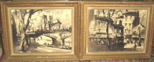 Pair black & white Indian inks: Gilt framed, Early 20th c. French "Bridge" & "Street Scene". Approx. 19" x 25" (34)