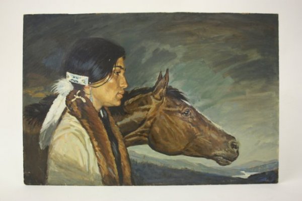 American Indian oil painting on wood panel: Signed James Ponter. Artist well renowned for painting harness racing. unframed. ca. 1940. Approx. 24" x 35". Nice condition.