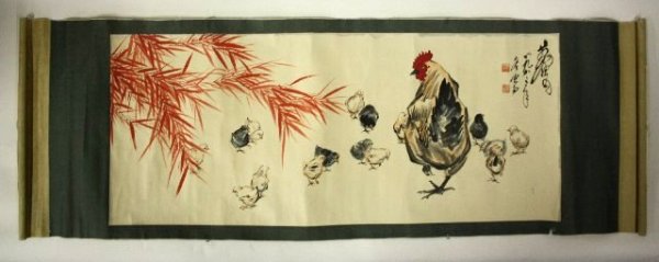 Scroll watercolor by artist Huang Zhou: "Rooster & Chicks". Approx. 17.75" H x 42" W