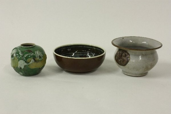Vase & two bowls: 1-4" H green vase with "bird & floral" design. 1-6.75" Diam. x 2.5" H Grecian bowl. 1-20th c. bowl with crazing & small chip on rim.