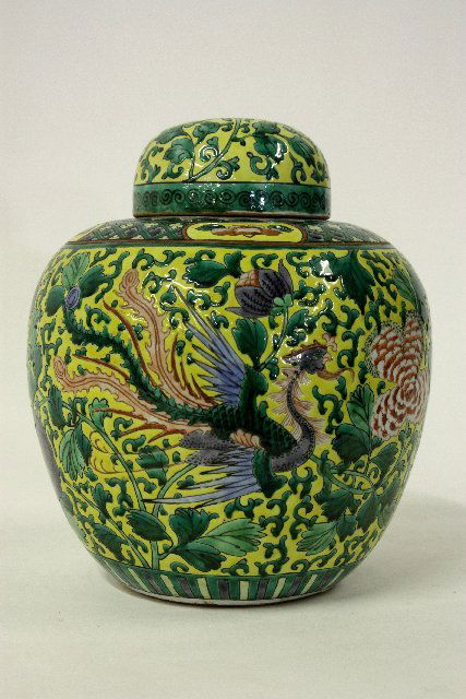 19th c. Chinese covered ginger jar: Hand-painted; losses to enamel; height: ~10.25"; Width: ~9"