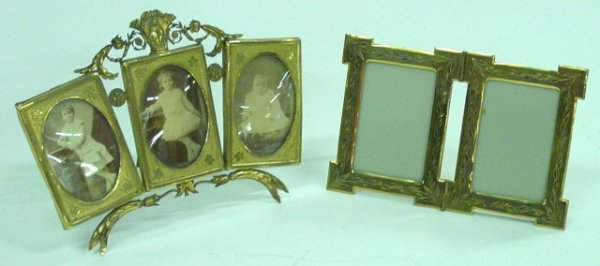 Two picture frames: 1-8.75" x 6" double fold out etched design picture frame. 1-7" x 4.5" triple floral design picture frame.