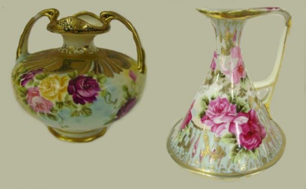 Unmarked Nippon pitcher & Nippon vase: Pitcher is handpainted with roses Approx. 7" H. Vase is handpainted with handles Approx. 6" H (stress fracture on side).