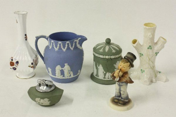 Group lot assorted smalls: Including: Ainsley, Hummel, Belleek, Wedgwood. From the estate of Seymour "Cy" Leslie, founder of MGM/UA Home Entertainment.
