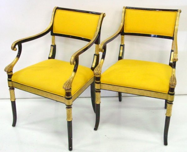 Pair Regency style black & gold chairs: From the estate of Seymour "Cy" Leslie, founder of MGM/UA Home Entertainment.
