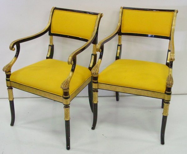 Pair Regency style black & gold chairs: From the estate of Seymour "Cy" Leslie, founder of MGM/UA Home Entertainment.