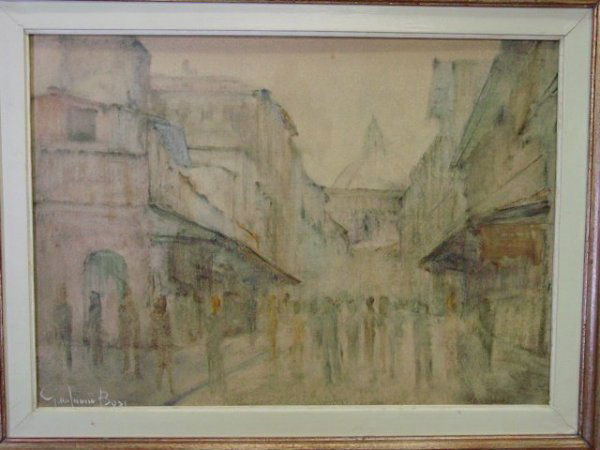 Framed gouache "Street Scene" signed G. Bosi: Signed lower left. Approx. 24" x 36". From the estate of Seymour "Cy" Leslie, founder of MGM/UA Home Entertainment.
