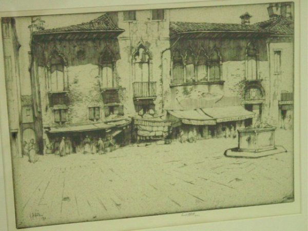 Pencil signed etching by Ernest David Roth: Gilt framed "Campo Margherite". Approx. 11" x 15"