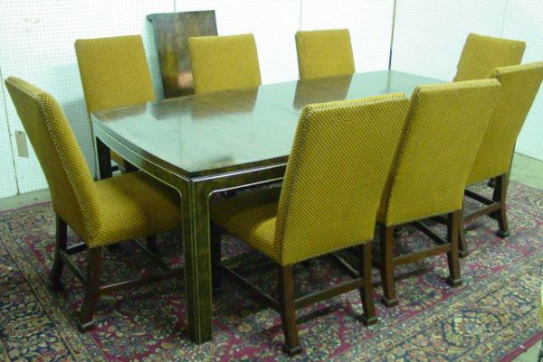 Modern dining room table & 8 side chairs: Table is banded & has 2-20" leaves. Table Approx. 38" x 44.5". Chairs are Chinese Chippendale style made by Baker Company. From the estate of Seymour "Cy" Leslie, founder of MGM/UA Home Entertainment.
