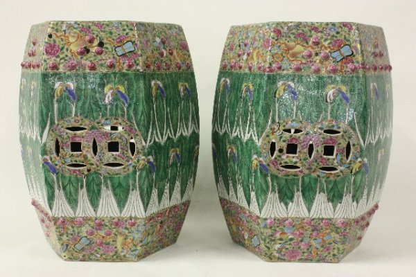Pair Chinese Export garden stools: Cabbage leaf. Very good condition. Approx. 18" H