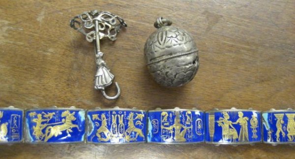 Lot of Silver, Enamel Jewelry : Enamel bracelet, silver bell pendant & silver Dutch girl pin From the estate of Charles Mogensen