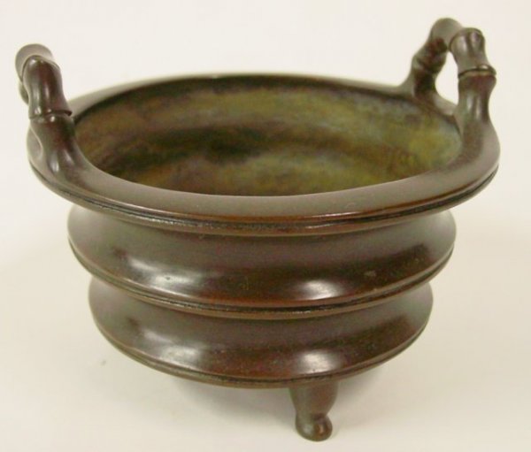 19th c. bronze incense burner artist signed: Approx. 4" H (handle) x 4.25" Diam.