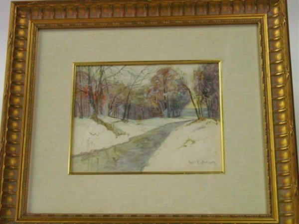 Watercolor & gouache signed W.E. Baum: Gilt framed "Winter Landscape". Signed lower right. Artist: Walter Emerson Baum 1884-1956. Approx. 8.5" H x 10.5"