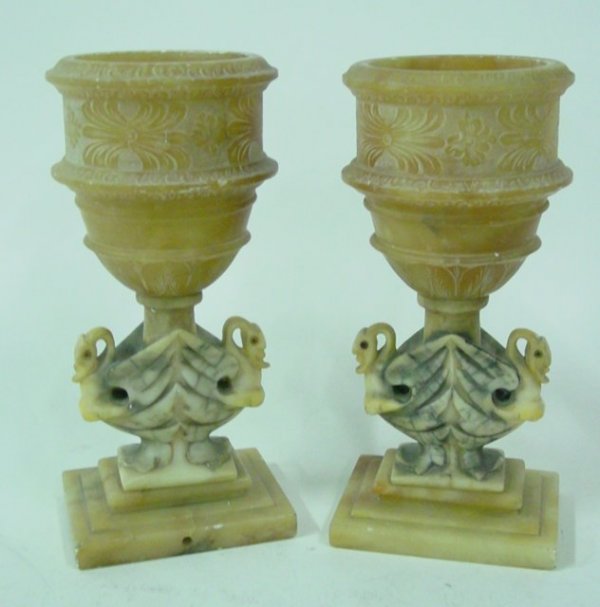 Pair of antique Italian alabaster planters: With swans. Approx. 11.5" H