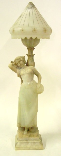 Antique French alabaster lamp: With alabaster shade in the form of a woman. Approx. 31" H