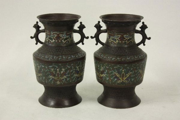 Pair bronze champleve twin handle vases: Approx. 11.5" H