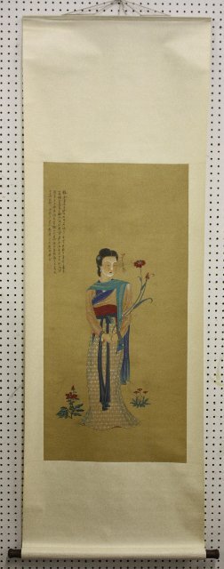 Handpainted scroll "A Fair Lady" : Signed. Artist name: Chang Tai Chieng. Approx. 41.5" x 20"
