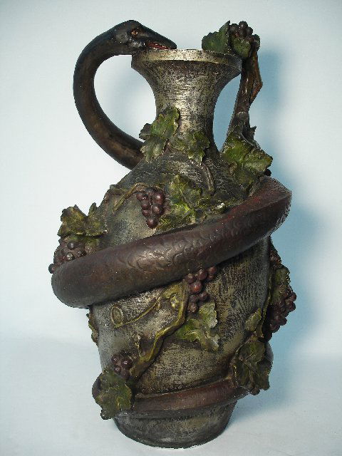 Amphora vase with snake coiled around outside: American, signed.