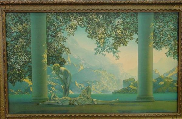 Framed Maxfield Parrish print "Daybreak": Approx. 17" H x 29" W