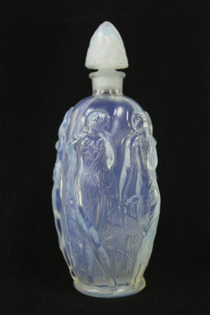Deco blue glass "Nude" perfume bottle: Approx. 6" H, good condition.