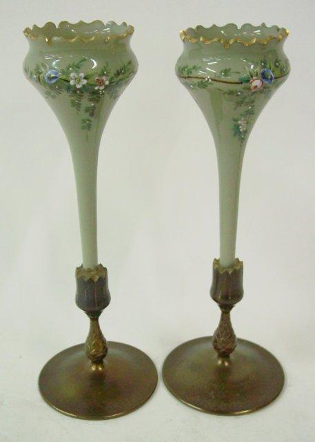 Pair art glass fluted vases: On bronze bases stamped Tiffany Studios, New York. Approx. 14.5" H