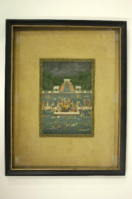 16th c. Mughal painting: "Emperor Jahang & Ladies in Shalimar Garden, Lahore". Label on back reads: One painting of Jahangir in the Darbar with Women at Shalimar Garden Lahor. Late 16th century Mughaj. Approx. 17" x 13"