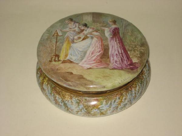 Limoges enamel box signed L. Coblentz: Depicting "Female Musicians". Approx. 2.5" H x 6" W