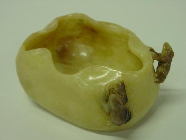 Early 20th c. soapstone brush pot: With frogs. Marked on bottom. Approx. 4" x 1.75" H